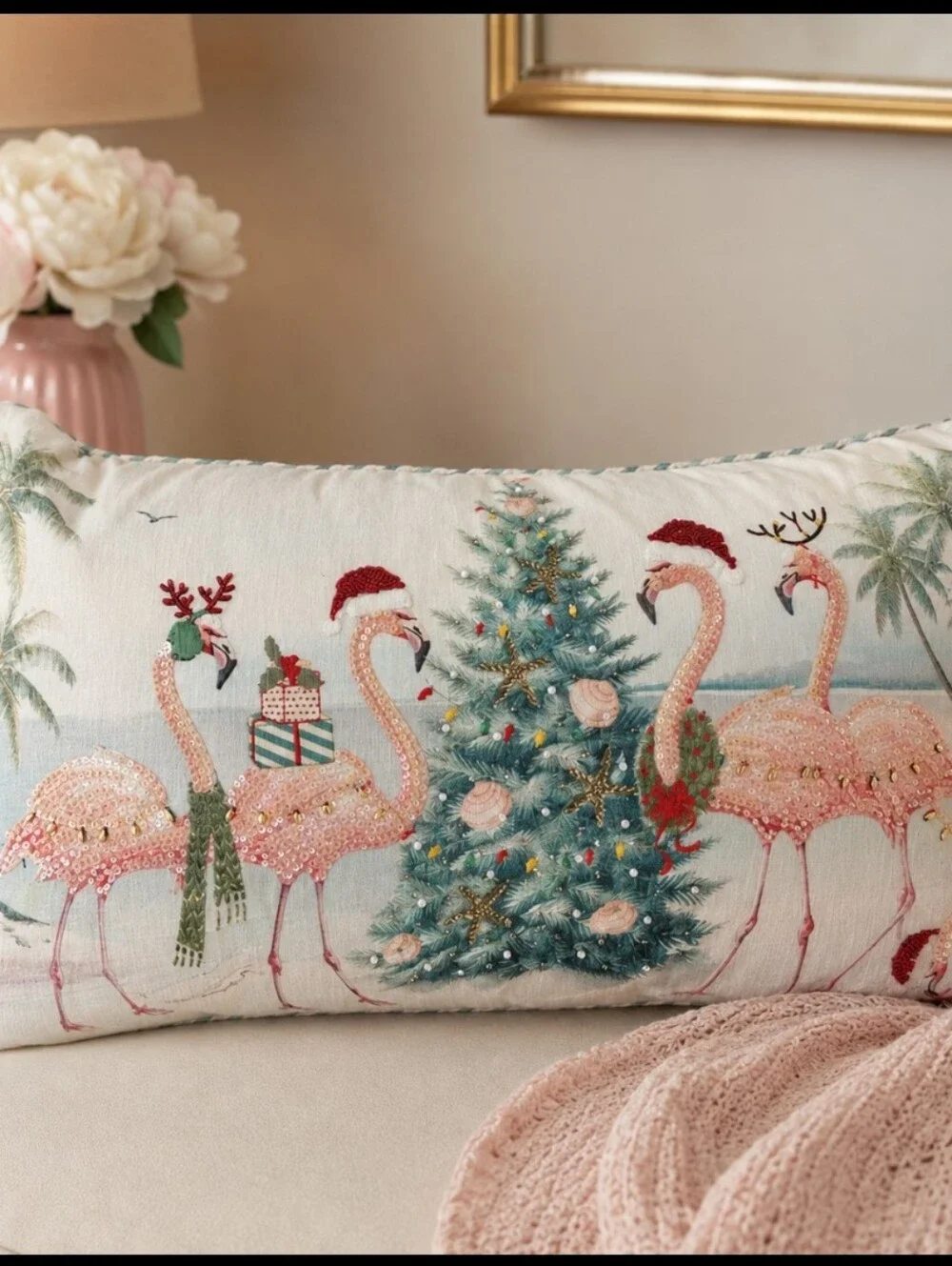 Holiday Flamingo Decorative Pillow - Pink & Teal